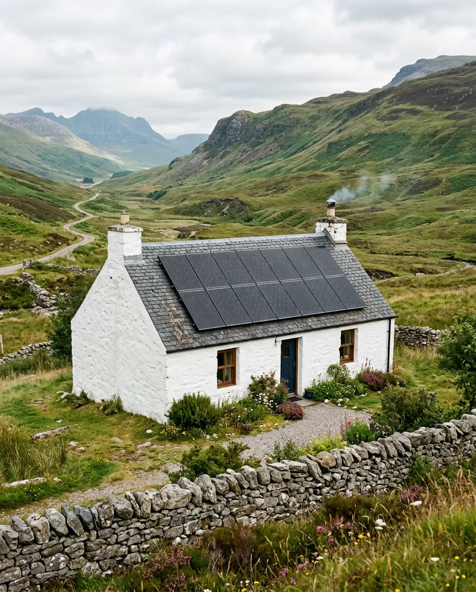 Whitewashed Highland cottage with solar panels on a slate roof in a mountain glen